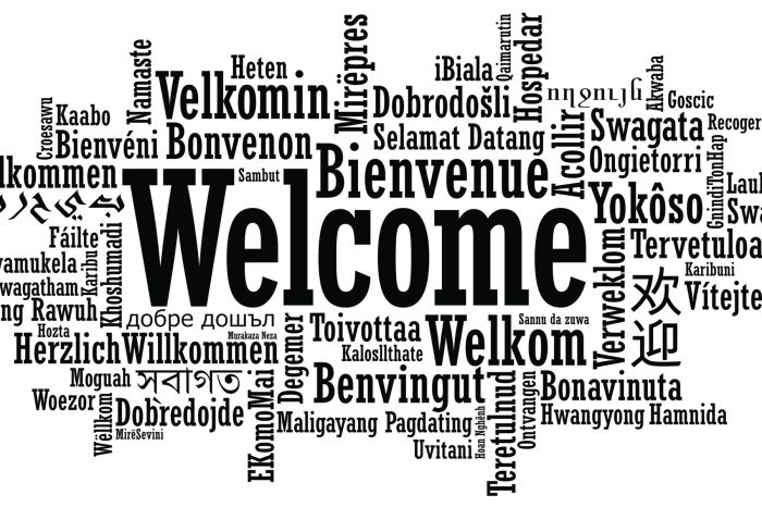 The word welcome in different languages graphically represented.